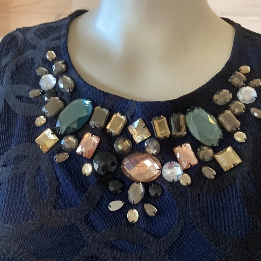 Twelve by Twelve Black on Blue Stretch Knit Mini Dress Size Large. - Picture 2 of 14